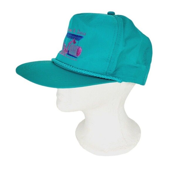 Vintage 80s Yupoong "Sleister & Sons" Teal Rope Nylon Snapback Trucker Hat - Picture 3 of 8